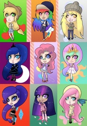 Size: 624x900 | Tagged: safe, artist:bunnydragoon, applejack, derpy hooves, fluttershy, pinkie pie, princess celestia, princess luna, rainbow dash, rarity, twilight sparkle, human, g4, belly button, clothes, dress, humanized, midriff, skirt