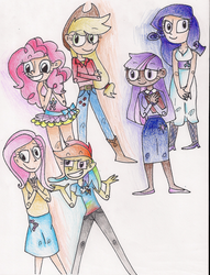 Size: 900x1179 | Tagged: safe, artist:magicsoup7756, applejack, fluttershy, pinkie pie, rainbow dash, rarity, twilight sparkle, human, g4, clothes, dark skin, dress, humanized, skirt