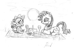 Size: 1024x673 | Tagged: safe, artist:talonsword, rarity, spike, g4, blushing, female, interspecies, male, picnic, rose, ship:sparity, shipping, sketch, straight