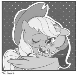Size: 440x425 | Tagged: safe, artist:insomniacovrlrd, applejack, rainbow dash, earth pony, pegasus, pony, g4, bedroom eyes, black and white, blushing, butt touch, cute, feathermarking, female, grayscale, hug, lesbian, monochrome, ship:appledash, shipping, smiling, wings