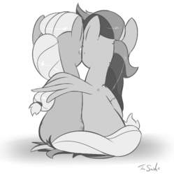 Size: 581x584 | Tagged: safe, artist:insomniacovrlrd, applejack, rainbow dash, g4, back, female, grayscale, lesbian, monochrome, ship:appledash, shipping