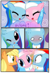 Size: 1741x2500 | Tagged: safe, artist:pyruvate, aloe, applejack, rainbow dash, earth pony, pegasus, pony, comic:the usual, g4, awkward, blushing, comic, cute, embarrassed, eye contact, eyes closed, eyeshadow, female, floppy ears, frown, looking at each other, makeup, mare, one eye closed, open mouth, smiling, spa pony rainbow dash, surprised, wide eyes, wink
