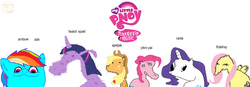 Size: 1733x604 | Tagged: safe, applejack, fluttershy, pinkie pie, rainbow dash, rarity, twilight sparkle, g4, apeljak, arnbow dah, dolan, flutehsy, mane six, pikni pai, rarite, twalot spakl, twalot spurkl