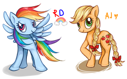 Size: 733x454 | Tagged: safe, artist:milk4ppl, applejack, rainbow dash, g4, alternate hairstyle, braided tail