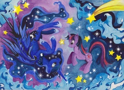 Size: 3501x2532 | Tagged: safe, artist:azurainalis, princess luna, twilight sparkle, g4, duo, stars, traditional art