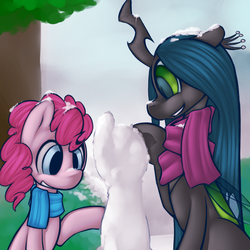 Size: 1500x1500 | Tagged: safe, artist:florecentmoo, pinkie pie, queen chrysalis, changeling, changeling queen, earth pony, pony, g4, clothes, female, insect wings, lesbian, scarf, ship:chryssie pie, shipping, snow, snowpony, transparent wings, wings