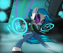 Size: 1000x850 | Tagged: safe, artist:gir678, dj pon-3, vinyl scratch, pony, g4, bipedal, clothes, hologram, solo