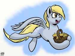 Size: 2600x1950 | Tagged: safe, artist:beechsprout, derpy hooves, pegasus, pony, g4, basket, female, mare, muffin