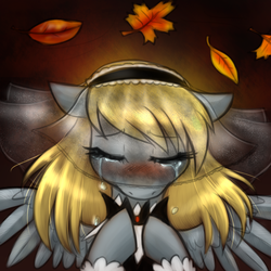 Size: 750x750 | Tagged: safe, artist:jitterbugjive, derpy hooves, pegasus, pony, g4, crying, female, leaves, mare, sad, solo