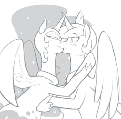 Size: 1000x987 | Tagged: safe, artist:redintravenous, nightmare moon, princess celestia, alicorn, pony, g4, blushing, color me, female, incest, kiss on the lips, kissing, lesbian, mare, monochrome, ship:mooncest, shipping, sketch
