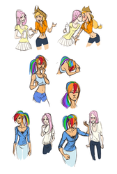 Size: 1000x1485 | Tagged: safe, artist:ancalinar, applejack, fluttershy, rainbow dash, human, g4, angry, belly button, blushing, caught, cleavage, clothes, comic, cuckolding, drink, female, humanized, kissing, lesbian, midriff, ship:appleshy, shipping, skirt, sports bra