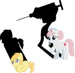 Size: 4000x3877 | Tagged: safe, artist:lumorn, noi, nurse redheart, earth pony, pony, g4, female, filly, foal, mare, scared, shadow, simple background, syringe, transparent background, trypanophobia