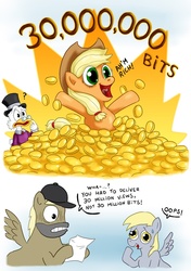 Size: 900x1280 | Tagged: safe, artist:fadri, applejack, derpy hooves, pegasus, pony, equestria daily, g4, bits, female, mare, money, scrooge mcduck