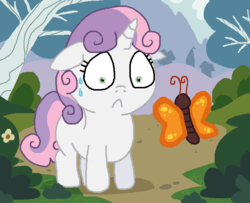 Size: 686x556 | Tagged: safe, artist:creepycurse, sweetie belle, butterfly, g4, scared