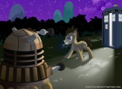 Size: 6000x4362 | Tagged: safe, artist:whatpayne, doctor whooves, time turner, earth pony, pony, g4, absurd resolution, crossover, dalek, doctor who, mouth hold, tardis, the doctor