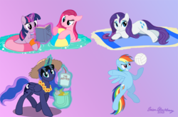 Size: 1007x662 | Tagged: safe, artist:brianblackberry, pinkie pie, princess luna, rarity, twilight sparkle, g4, beach, beach ball, hat, inflatable, inner tube, lei, pool toy, volleyball