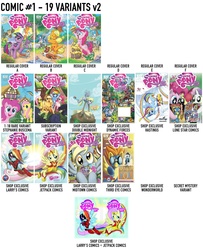 Size: 1870x2300 | Tagged: safe, idw, apple bloom, derpy hooves, dj pon-3, fluttershy, gummy, pinkie pie, princess celestia, rainbow dash, rarity, soarin', spike, spitfire, sweetie belle, twilight sparkle, vinyl scratch, winona, zecora, pony, zebra, g4, comics, idw advertisement, text