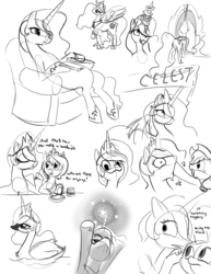 Size: 989x1280 | Tagged: safe, artist:furseiseki, applejack, princess celestia, princess luna, spike, g4, :3, dolan, futurama, male, sketch, sketch dump, swanlestia, we couldn't fit it all in