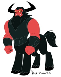 Size: 528x668 | Tagged: safe, artist:peachiekeenie, tirac, centaur, ponytaur, taur, g1, g4, antagonist, armor, claws, evil, fangs, g1 to g4, generation leap, hilarious in hindsight, horns, looking at you, male, redesign, shackles, signature, solo, yellow eyes