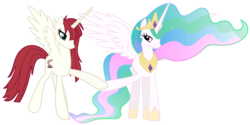 Size: 5000x2500 | Tagged: safe, artist:raylionheart, princess celestia, oc, oc:fausticorn, alicorn, pony, g4, duo, duo female, female, lauren faust, mare, ponified, simple background, transparent background, vector