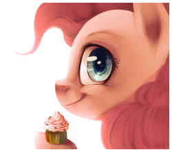 Size: 1267x1113 | Tagged: safe, artist:imalou, pinkie pie, earth pony, pony, g4, border, close-up, closed mouth, cupcake, description at source, female, hoof hold, looking at you, looking sideways, mare, raised hoof, shiny eyes, side view, simple background, smiling, solo, white background