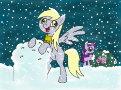 Size: 1024x757 | Tagged: safe, artist:kukimao, derpy hooves, spike, twilight sparkle, pegasus, pony, g4, clothes, female, mare, scarf, snow, snowfall