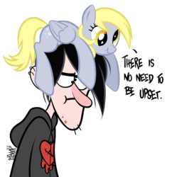 Size: 840x866 | Tagged: safe, artist:tenaflyviper, derpy hooves, human, pegasus, pony, g4, duo, gravity falls, male, ponies riding humans, pony hat, riding, robbie valentino, scrunchy face, simple background, transparent background