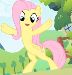 Size: 568x588 | Tagged: safe, screencap, fluttershy, pegasus, pony, g4, arms wide open, bipedal, cute, flutterzilla, open mouth, open smile, shyabetes, smiling