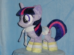 Size: 640x480 | Tagged: safe, artist:whitedove-creations, twilight sparkle, pony, g4, winter wrap up, clothes, female, filly, irl, photo, plushie, saddle, scarf, socks, solo, striped socks