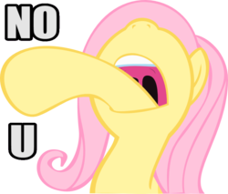 Size: 853x727 | Tagged: safe, artist:limeylassen, fluttershy, pony, g4, female, hooves, image macro, meme, no u, open mouth, pointing, reaction image, simple background, solo, transparent background, uvula, vector, wat