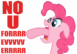 Size: 900x644 | Tagged: safe, pinkie pie, earth pony, pony, g4, female, floppy ears, forever, gif, glare, mare, meme, no u, non-animated gif, open mouth, reaction image, simple background, solo, wat, white background