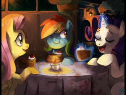 Size: 2000x1500 | Tagged: safe, artist:cuteskitty, fluttershy, rainbow dash, rarity, g4, cake, candle, dinner, food, night, table