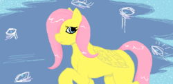 Size: 954x465 | Tagged: safe, artist:skaleal, fluttershy, pegasus, pony, g4, anxiety, eye, eyes, female, folded wings, looking at you, mare, nervous, neurodivergent, profile, raised hoof, social anxiety, solo, wings