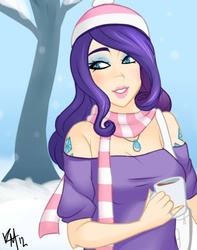 Size: 800x1016 | Tagged: safe, artist:emberfan11, rarity, human, g4, clothes, hat, hot chocolate, humanized, scarf, solo, winter