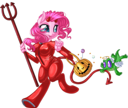 Size: 1533x1297 | Tagged: safe, artist:kittehkatbar, gummy, pinkie pie, devil, anthro, unguligrade anthro, g4, candy, candy corn, catsuit, costume, devil costume, food, halo, hooves, horseshoes, lollipop, pumpkin, pumpkin bucket, simple background, transparent background, trident