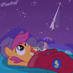 Size: 2500x2500 | Tagged: dead source, safe, artist:slitherpon, apple bloom, scootaloo, sweetie belle, g4, cutie mark crusaders, female, filly, foal, lying down, night, on back, sky, sleeping, sleeping bag, smiling, solo