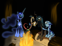 Size: 1600x1200 | Tagged: safe, artist:burnout42, discord, nightmare moon, queen chrysalis, trixie, alicorn, changeling, changeling queen, draconequus, pony, unicorn, g4, bonfire, female, fire