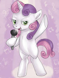 Size: 522x692 | Tagged: safe, artist:php154, sweetie belle, pony, unicorn, g4, bipedal, female, microphone, raised hoof, singing, solo