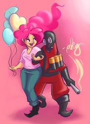 Size: 2000x2750 | Tagged: safe, artist:rinipanini, pinkie pie, human, g4, balloon, crossover, humanized, pyro (tf2), team fortress 2