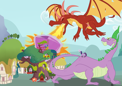 Size: 3748x2636 | Tagged: safe, artist:kyojiogami, basil, spike, twilight sparkle, dragon, pony, unicorn, g4, adult, adult spike, attack, defending, fire, fire breath, force field, golden oaks library, library, magic, older, spikezilla, unicorn twilight