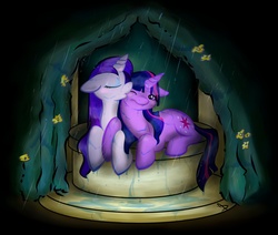 Size: 5028x4265 | Tagged: safe, artist:littletiger488, rarity, twilight sparkle, pony, unicorn, g4, absurd resolution, blushing, cheek kiss, duo, female, floppy ears, kissing, lesbian, rain, ship:rarilight, shipping, wet