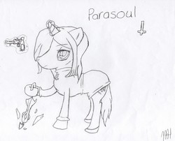 Size: 3002x2422 | Tagged: safe, artist:fluffysnail, gun, krieg, parasoul, ponified, skullgirls