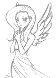 Size: 700x968 | Tagged: source needed, safe, artist:johnjoseco, fluttershy, human, g4, cleavage, clothes, dress, female, grayscale, humanized, monochrome, side slit, solo, winged humanization