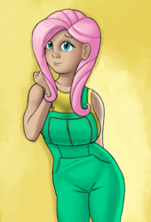 Size: 762x1119 | Tagged: safe, artist:svenovic, fluttershy, human, g4, breasts, busty fluttershy, female, humanized, overalls, solo, tan