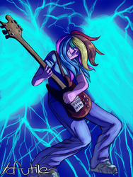 Size: 1000x1333 | Tagged: safe, artist:tofutiles, rainbow dash, human, g4, female, guitar, humanized, musical instrument, rock (music), solo, winged humanization