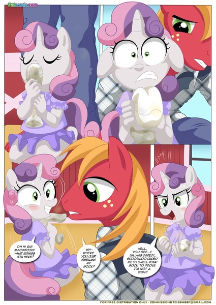 133367 - safe, artist:bbmbbf, big macintosh, sweetie belle, anthro, comic:be  my special somepony, equestria untamed, barefoot, be my special somepony,  clothes, comic, delicious flat chest, dress, feet, female, fetish, flatie  belle, lies,