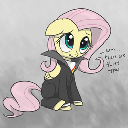 Size: 700x700 | Tagged: safe, artist:spicyhamsandwich, fluttershy, pony, vampire, g4, blushing, clothes, count von count, cute, fangs, female, floppy ears, flutterbat, hilarious in hindsight, sesame street, shyabetes, sitting, smiling, solo, text, weapons-grade cute