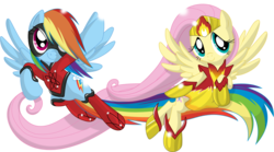 Size: 979x544 | Tagged: safe, artist:amy mebberson, artist:canon-lb, fluttershy, rainbow dash, pegasus, pony, g4, atomic rainboom, duo, fire fairy, simple background, superhero, transparent background, vector