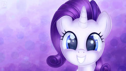 Size: 1280x728 | Tagged: dead source, safe, artist:hatecreation, rarity, pony, unicorn, g4, abstract background, bust, cute, female, grin, happy, looking at you, mare, portrait, smiling, solo