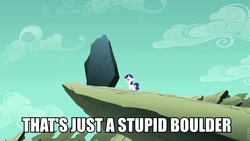 Size: 960x540 | Tagged: safe, edit, edited screencap, screencap, rarity, pony, g4, the cutie mark chronicles, blank flank, boulder, female, filly, filly rarity, image macro, pizza delivery, rock, solo, spongebob squarepants, younger